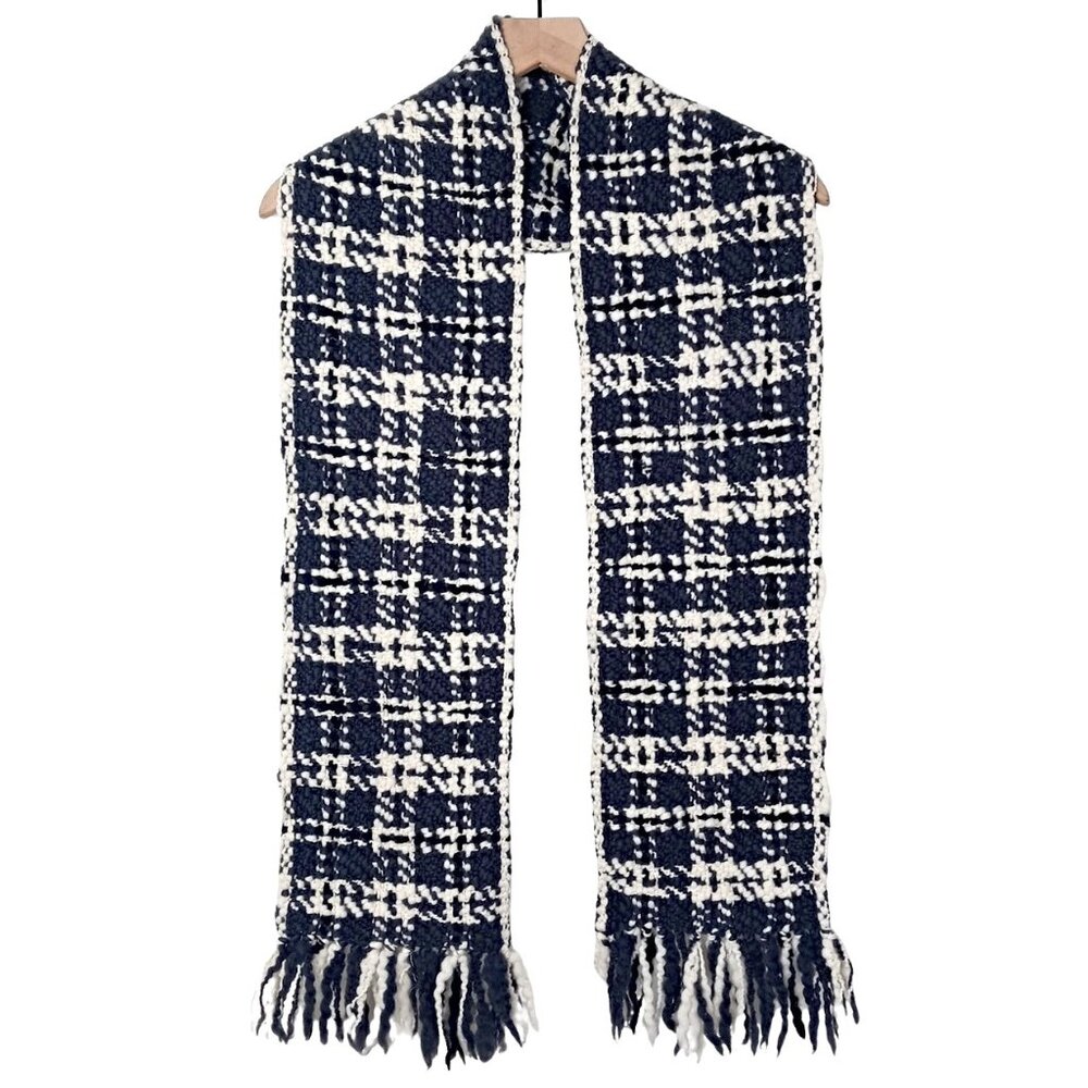Banana Republic Unisex Winter Scarf Cream Navy Plaid Wool Woven 8"x 72" VTG 90s